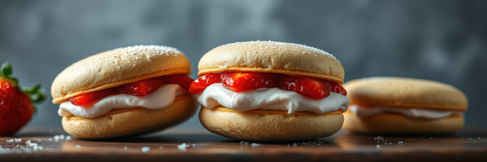 Delicious dessert sandwich with strawberry filling and whipped cream on a wooden surface